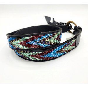 Black Leather Belt W/ Multicolor Beaded Mosaic Design Women's Sz 30 NWT 47 Maple